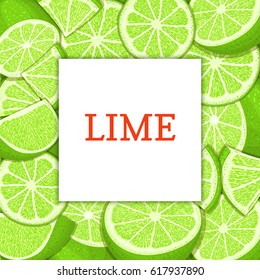 square white label on citrus lime background. Vector card illustration. Tropical fresh and juicy green lemon frame peeled piece of half slice for design of food packaging juice breakfast