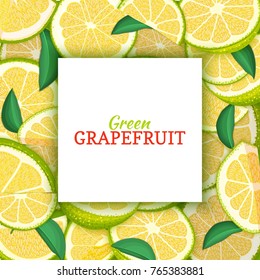 Square white label on citrus green grapefruit background. Vector card illustration. Tropical fresh, juicy pomelo closely spaced background for design of packaging juice breakfast.