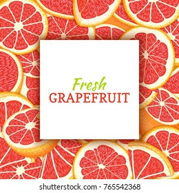 Square white label on citrus red grapefruit background. Vector card illustration. Tropical fresh and juicy pomelo closely spaced background for design of packaging juice breakfast