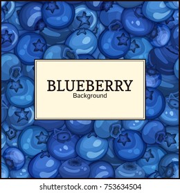 Square white label on ripe blueberry berry background. Vector card illustration. Blue bilberry fresh and juicy frame for design of food packaging juice breakfast tea detox diet