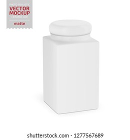Square white matte ceramic jar with round lid. Container for dry products. Photo-realistic packaging mockup template. Vector 3d illustration.