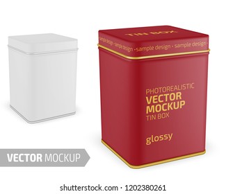 Square white matte tin can. Container for dry products - tea, coffee, sugar, candy, spice. Photo-realistic packaging mockup template with sample design. Vector 3d illustration.