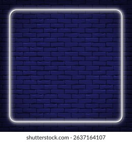 Square white neon frame on brick background mockup for social media