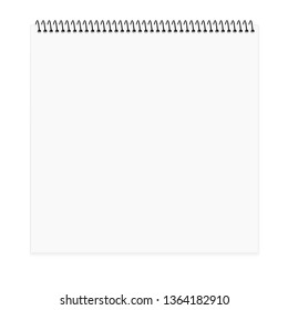 Square white notepad with black spring spiral isolated on white background. Vertical notebook mockup on white back. Vector EPS10.