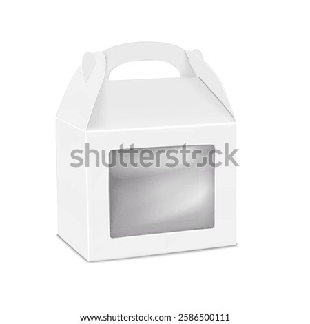 Square white paper gable box with clear plastic window and handle. 3d mockup. Transparent front blank cube food carton packaging. Realistic vector mock-up. Cardboard bag container. Template for design