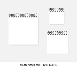 Square white paper sheet with spiral, realistic mockup. Blank ring bound calendar, vector mock-up set.
