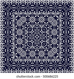 Square white pattern on a blue background. Decorative ornament to the handkerchief. Vector illustration.