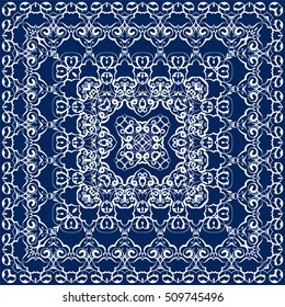 Square white pattern on a blue background. Decorative ornament to the handkerchief. Vector illustration.