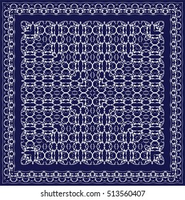 Square white pattern on a blue background. Decorative ornament to the handkerchief. Vector illustration.