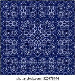 Square white pattern on a blue background. Decorative ornament to the handkerchief. Vector illustration.