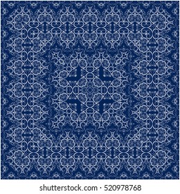 Square white pattern on a blue background. Decorative ornament to the handkerchief. Vector illustration.