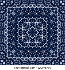 Square white pattern on a blue background. Decorative ornament to the handkerchief. Vector illustration.