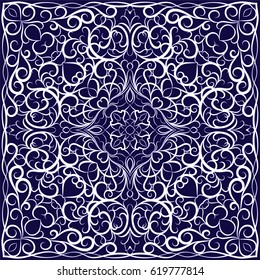 Square white pattern on a blue background. Decorative ornament to the handkerchief. Vector illustration.