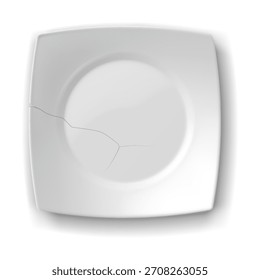 Placa blanca cuadrada con una grieta notable, que representa fragilidad y desgaste. Diseño limpio y minimalista sobre un fondo blanco, se centran en la imperfección del material.