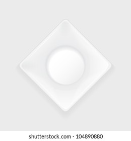 square white plate with sharp corners and round bottom, standing in the shape of a rhombus on white background