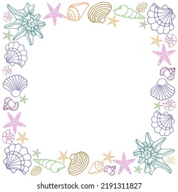 square white postcard colored seashells, contour lines, instagram background, sea summer vacation