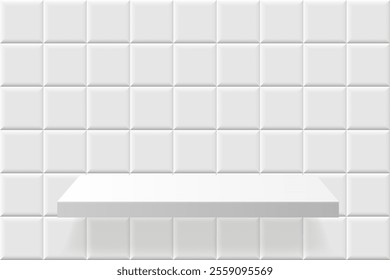Square white tile with white shelf in the center. Bathroom, kitchen or pool interior for product display. Interior design element. Realistic 3d vector background.