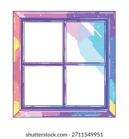 A square window frame with a vibrant, multicolored border and abstract, pastel-colored reflections in the glass panes.