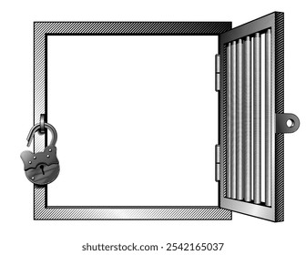 A square window with an open metal grating with a padlock isolated on white. Vector conceptual illustration in vintage black and white engraving style