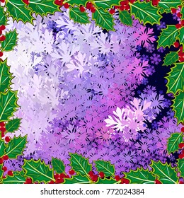 Square winter background with snowflakes and Christmas decorations. Beautiful layout for a greeting card, banner, flyer and other design works. Copy space. Vector clip art.