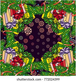 Square winter background with snowflakes and Christmas decorations. Beautiful layout for a greeting card, banner, flyer and other design works. Copy space. Vector clip art.