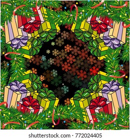 Square winter background with snowflakes and Christmas decorations. Beautiful layout for a greeting card, banner, flyer and other design works. Copy space. Vector clip art.