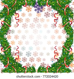 Square winter background with snowflakes and Christmas decorations. Beautiful layout for a greeting card, banner, flyer and other design works. Copy space. Vector clip art.