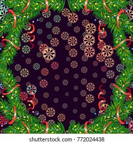 Square winter background with snowflakes and Christmas decorations. Beautiful layout for a greeting card, banner, flyer and other design works. Copy space. Vector clip art.