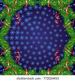 Square winter background with snowflakes and Christmas decorations. Beautiful layout for a greeting card, banner, flyer and other design works. Copy space. Vector clip art.