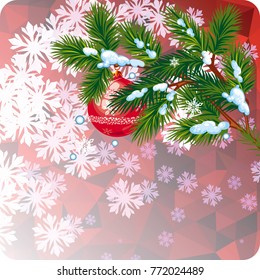 Square winter background with snowflakes and Christmas decorations. Beautiful layout for a greeting card, banner, flyer and other design works. Copy space. Vector clip art.