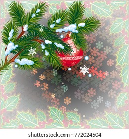 Square winter background with snowflakes and Christmas decorations. Beautiful layout for a greeting card, banner, flyer and other design works. Copy space. Vector clip art.