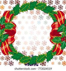 Square winter background with snowflakes and Christmas decorations. Beautiful layout for a greeting card, banner, flyer and other design works. Copy space. Vector clip art.