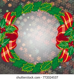 Square winter background with snowflakes and Christmas decorations. Beautiful layout for a greeting card, banner, flyer and other design works. Copy space. Vector clip art.