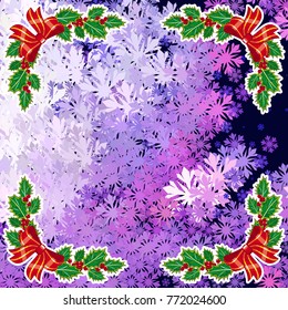 Square winter background with snowflakes and Christmas decorations. Beautiful layout for a greeting card, banner, flyer and other design works. Copy space. Vector clip art.