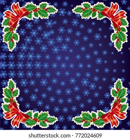 Square winter background with snowflakes and Christmas decorations. Beautiful layout for a greeting card, banner, flyer and other design works. Copy space. Vector clip art.