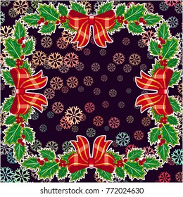 Square winter background with snowflakes and Christmas decorations. Beautiful layout for a greeting card, banner, flyer and other design works. Copy space. Vector clip art.
