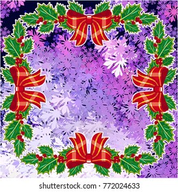 Square winter background with snowflakes and Christmas decorations. Beautiful layout for a greeting card, banner, flyer and other design works. Copy space. Vector clip art.