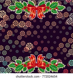 Square winter background with snowflakes and Christmas decorations. Beautiful layout for a greeting card, banner, flyer and other design works. Copy space. Vector clip art.