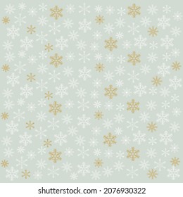 Square winter background with white and gold snowflake overlay on grey, green background. Copy space. Elegant, trendy, classic design. Wallpaper or backdrop design.