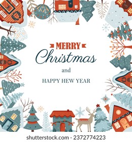 Square winter card, Christmas frame with text, scandi houses, snowy trees. New Year, winter ornament, poster