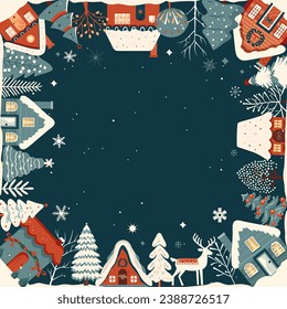 Square winter card, Christmas frame with text, scandi houses, snowy trees. New Year, winter ornament, poster