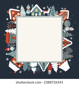 Square Wintercard, Weihnachtsrahmen, Skandinavienhäuser, Mädchen, Hirsch, Schneebäume. Neujahr, Winterplakat, Ornament