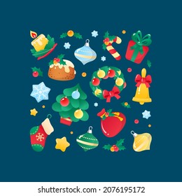Square winter holiday background. Christmas and New Year set of cute design elements in square shape on a dark backdrop. Can be used for a greeting card, an invitation or a banner. 