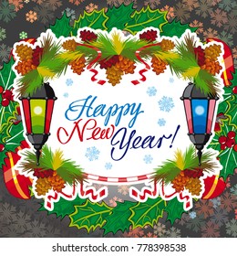 Square winter holiday card with vintage lanterns, pine branches and artistic written text "Happy New Year!". Design element for greeting cards and other graphic designer works. Vector clip art.