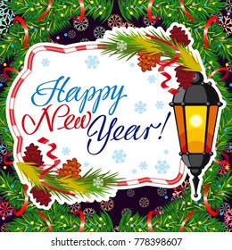Square winter holiday card with vintage lanterns, pine branches and artistic written text "Happy New Year!". Design element for greeting cards and other graphic designer works. Vector clip art.
