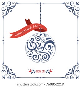 Square Winter Holiday Sale banner with ornate Christmas Ornament and swirl frame. Vector illustration.