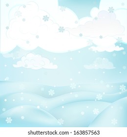 square winter landscape view with snowy hills at cloudy snowfall vector illustration
