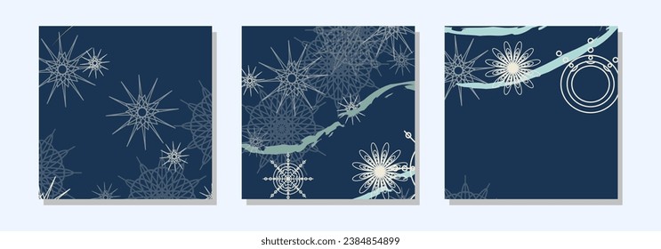 Square winter post templates for social networks. Abstract snowflakes dark blue background. Christmas winter theme. Banner design. Vector illustration.