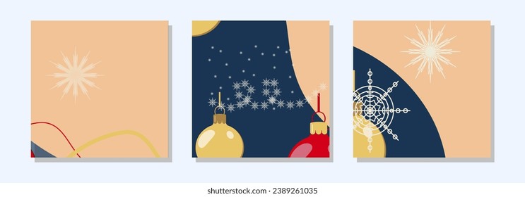 Square winter post templates for social networks. Christmas balls abstract background. Christmas winter theme. Banner design. Vector illustration.