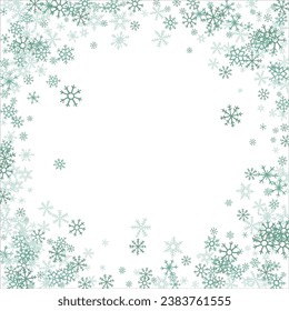 Square winter snow frame with blue snowflakes on a white background. Festive Christmas banner, New Year card. Symbols of frosty winter. Vector illustration.